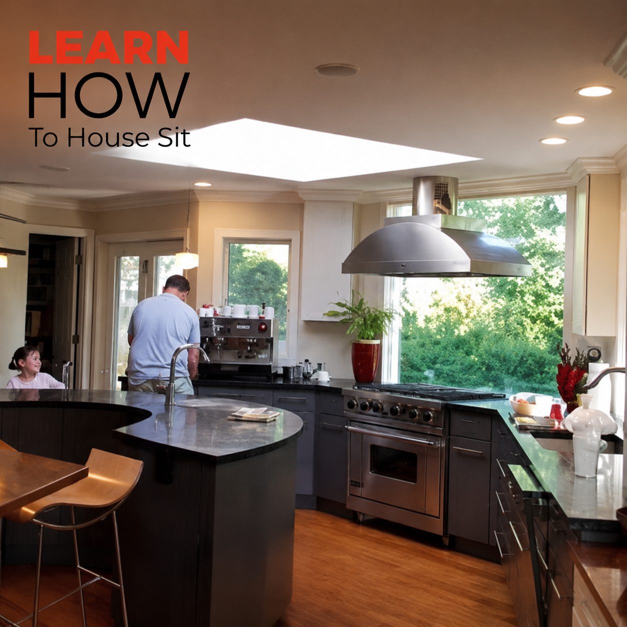 A family cooking breakfast in the kitchen of a house they're sitting