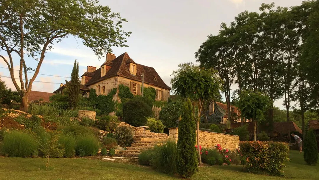 The stone farmhouse at Le Bugue, France, at dusk